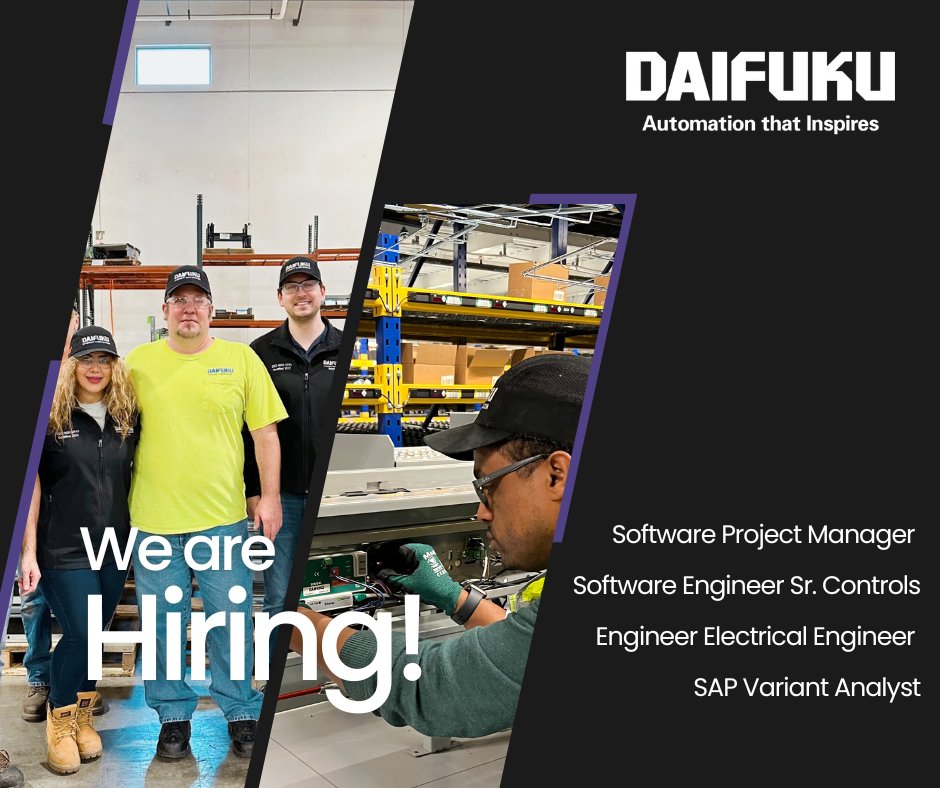 Are you passionate about material handling automation and intralogistics solutions? 

We are looking for talented and experienced professionals to join our team in various roles. Apply here: hubs.li/Q02fHpff0 

#DaifukuTeam #Automation #JobOffering
