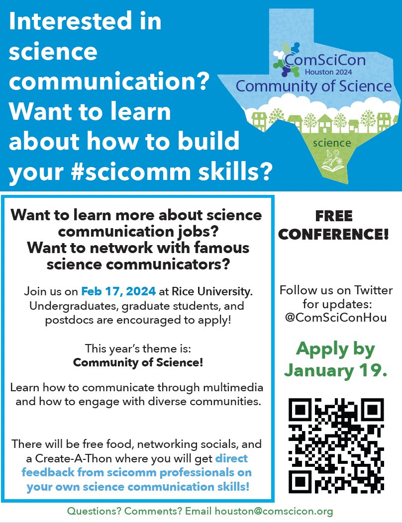 It is time for ComSciCon Houston 2024! Applications are officially OPEN!

ComSciCon Houston is a conference for graduate students and postdocs who are interested in science communication. If you live in Texas, check out our flyer and apply to attend now!
docs.google.com/forms/d/e/1FAI…