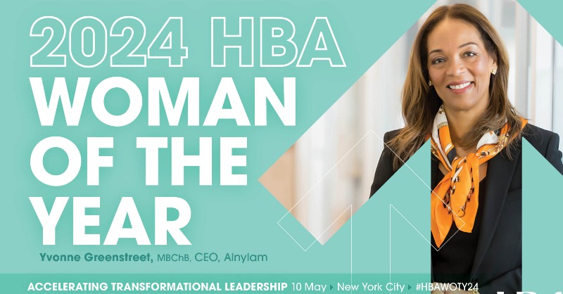Alnylam's tweet photo. Deeply #AlnylamProud to share that our CEO Yvonne Greenstreet has been named 2024 Woman of the Year by @HBAnet! This award honors a leader who has made extraordinary contributions to healthcare and the advancement of women in the workplace. #HBAWOTY24