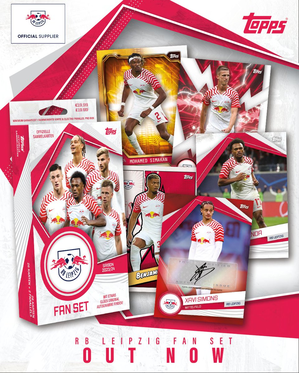 Topps_UK's tweet photo. The Topps RB Leipzig Fan Set 2️⃣0️⃣2️⃣3️⃣ / 2️⃣4️⃣ is OUT NOW! 🤩
🔴 Contains 2️⃣8️⃣ stunning cards
⚪️ Including 1️⃣ Numbered Parallel#and 1️⃣ Electro Parallel! ⚡️
✍️ Find Autograph cards in lucky boxes 🤞
🔗https://t.co/76Mik4nAq7
#Topps #FanSet #RBLeipzig #FootballCards https://t.co/BfFPrPpH4K
