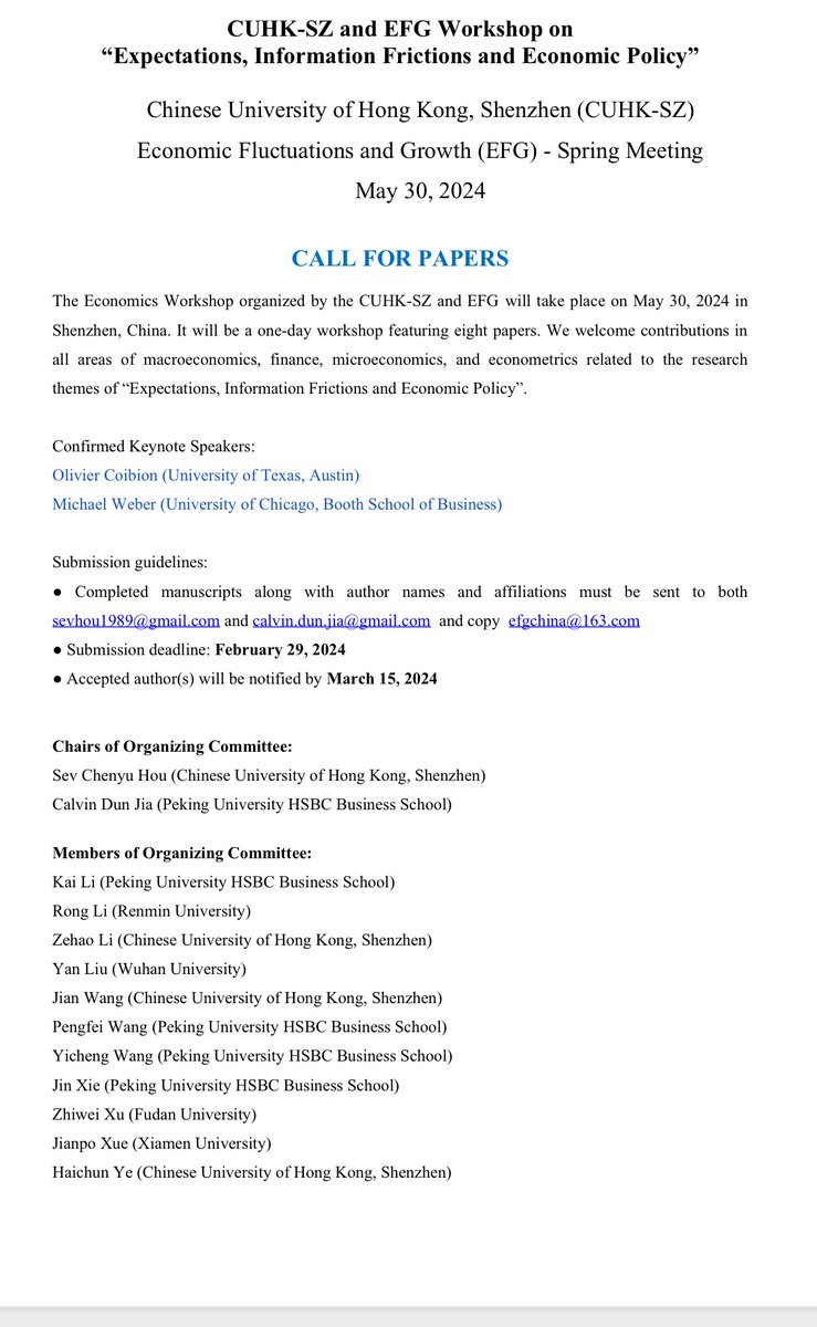 ttwwecon's tweet image. Helping spreading the words to researchers on macro expectations: CUHK-SZ is is organizing a workshop on expectations, information frictions and economic policy. Send your papers to them in case you are interested in presenting! #EconTwitter