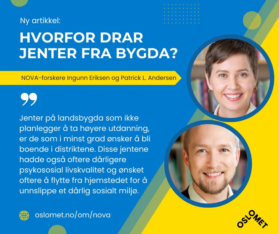 Det er jentene som ikke har planer om høyere utdanning som ønsker å flytte fra bygda, grunnen er ofte dårlig sosialt miljø, viser artikkel fra <a href="/Ingunnme/">Ingunn Marie Eriksen</a> og Patrick Lie Andersen ved <a href="/OsloMet/">OsloMet</a>. Les artikkelen her: oda.oslomet.no/oda-xmlui/bits… #dax18