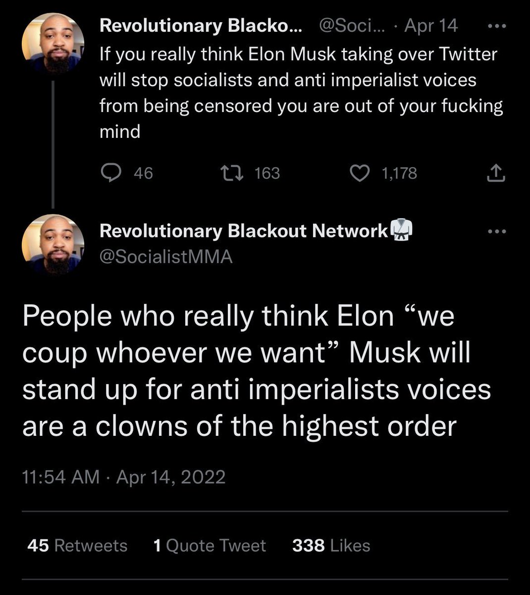 SocialistMMA's tweet photo. I told you guys that Elon Musk would continue to censor people for the empire 

The people that thought a fucking billionaire gave a fuck about freedom of speech are the absolute dumbest people in political discourse https://t.co/mnsbfvLxjF