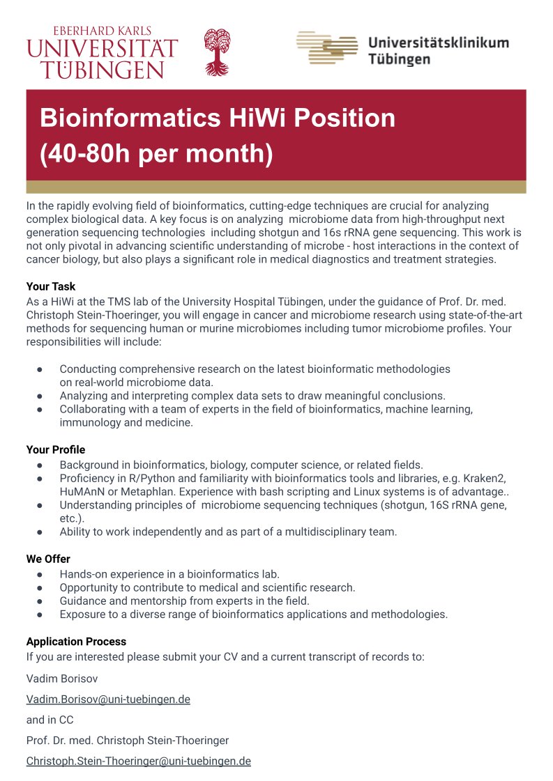 tmslab2022's tweet image. We`re seeking students for an exciting Bioinformatics HiWi Position. Apply now! Below are details of the job position.