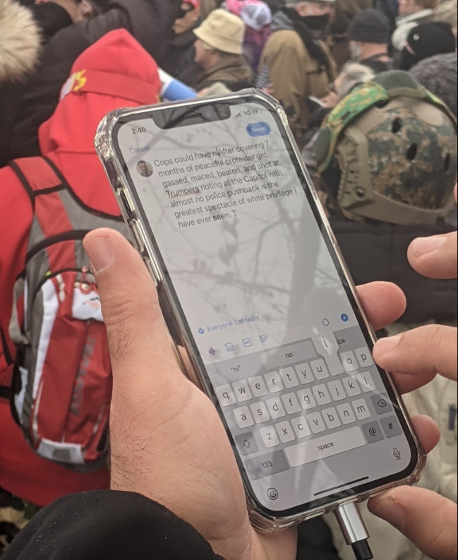 K2theSky's tweet photo. "After covering 7 months of peaceful protestor[s] get gassed, maced, beaten, and shot at. Trumpers rioting at the Capitol with almost no police pushback is the greatest spectacle of white privilege I have ever seen." -#J6Journalist