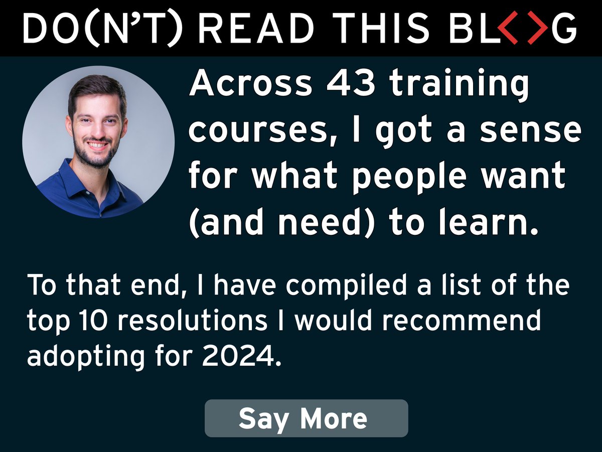 Don't Use This Code—Expert Training & Consulting (@dutc_training) on Twitter photo Across 43 training courses, <a href="/RiddleMeCam/">Cameron Riddell</a> got a sense for what people need (and want) to learn about Python
To that end, he compiled a list of the top 10 resolutions he'd recommend for 2024
Read more here: dontusethiscode.com/blog/2024-01-0…
#python #pandas Across 43 training courses, <a href="/RiddleMeCam/">Cameron Riddell</a> got a sense for what people need (and want) to learn about Python
To that end, he compiled a list of the top 10 resolutions he'd recommend for 2024
Read more here: dontusethiscode.com/blog/2024-01-0…
#python #pandas