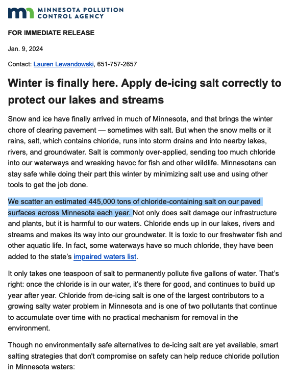 maxnesterak's tweet photo. wow. MN dumps an estimated 445,000 tons of salt on pavement every year and it only takes one teaspoon to permanently pollute five gallons of water, per Minnesota Pollution Control Agency. https://t.co/hr58ZDOyxE