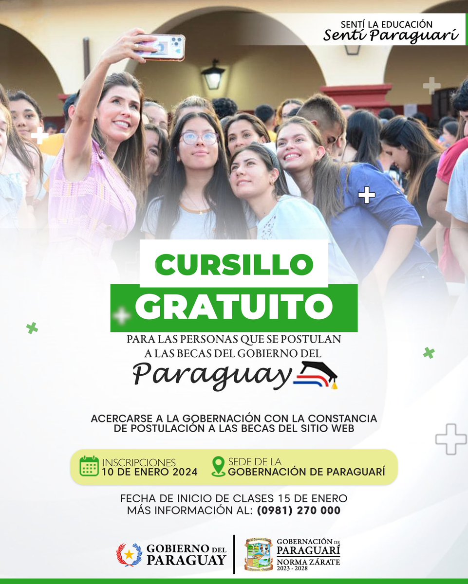 norma_zaratedm's tweet photo. ¡Si te estás postulando para las Becas del Gobierno del Paraguay te damos la oportunidad de prepararte para los exámenes! ¡Inscribite desde el 10 al 13 de Enero al Cursillo Gratuito que se desarrollará en la sede de la Gobernación! https://t.co/6hfmHT9ofm