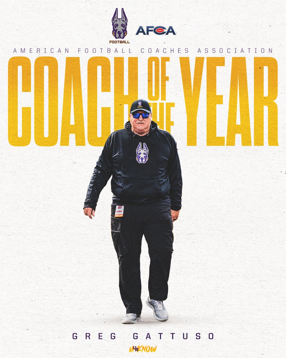 UAlbanyFootball's tweet photo. The boss gets it done! 

As voted on by his peers, @CoachGGattuso is the 2023 @WeAreAFCA FCS Coach of the Year! 🙌

➡️ https://t.co/AdnuBvPsRU

#UAUKNOW #WinTheDay 🟪🟨 https://t.co/tjlB7RHtGW