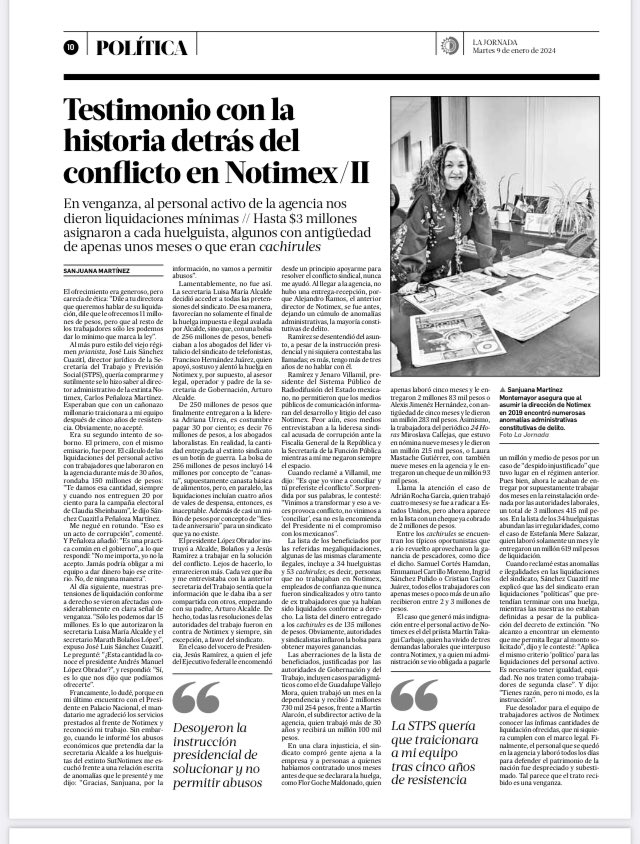 SanjuanaNews's tweet image. 🔴#ULTIMAHORA les comparto la segunda parte de mi testimonio del conflicto Notimex sobre ilegalidades que @STPS_mx y @SEGOB_mx cometieron en liquidaciones. Me ofrecieron 11 millones por mi silencio y para traicionar a trabajadores de la agencia. Me negué jornada.com.mx/2024/01/09/pol…