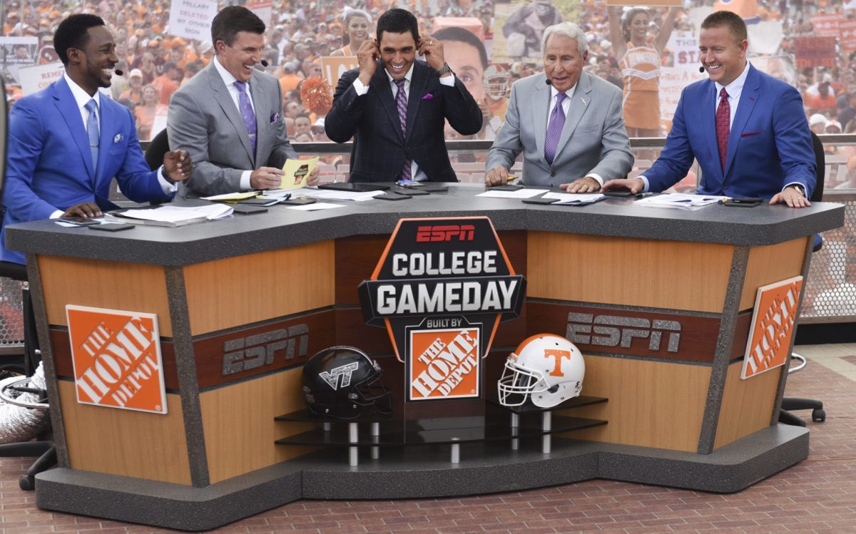 The Red Raiders play the Golden Eagles tonight 
Girls at 6 Boys are after 
The theme tonight is ESPN wear college gameday clothes (school colors or jerseys) there will be a table on the floor with 4 people only everyone else behind picture below as an example
Be There and be loud