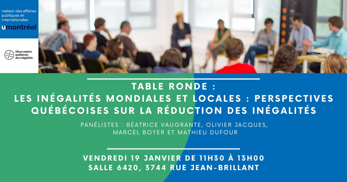 Maison API (@maison_api) on Twitter photo Pour la Maison, la nouvelle année commence avec notre prochaine table ronde organisée en partenariat avec <a href="/ObsInegalites/">Observatoire québécois des inégalités</a> .
🗓️19 janvier 2024, 11h30 à 13h
📌Salle 6420, 3744, rue Jean-Brillant
Pour vous inscrire, cliquez ici 📷 lnkd.in/e_EdVyFC Pour la Maison, la nouvelle année commence avec notre prochaine table ronde organisée en partenariat avec <a href="/ObsInegalites/">Observatoire québécois des inégalités</a> .
🗓️19 janvier 2024, 11h30 à 13h
📌Salle 6420, 3744, rue Jean-Brillant
Pour vous inscrire, cliquez ici 📷 lnkd.in/e_EdVyFC