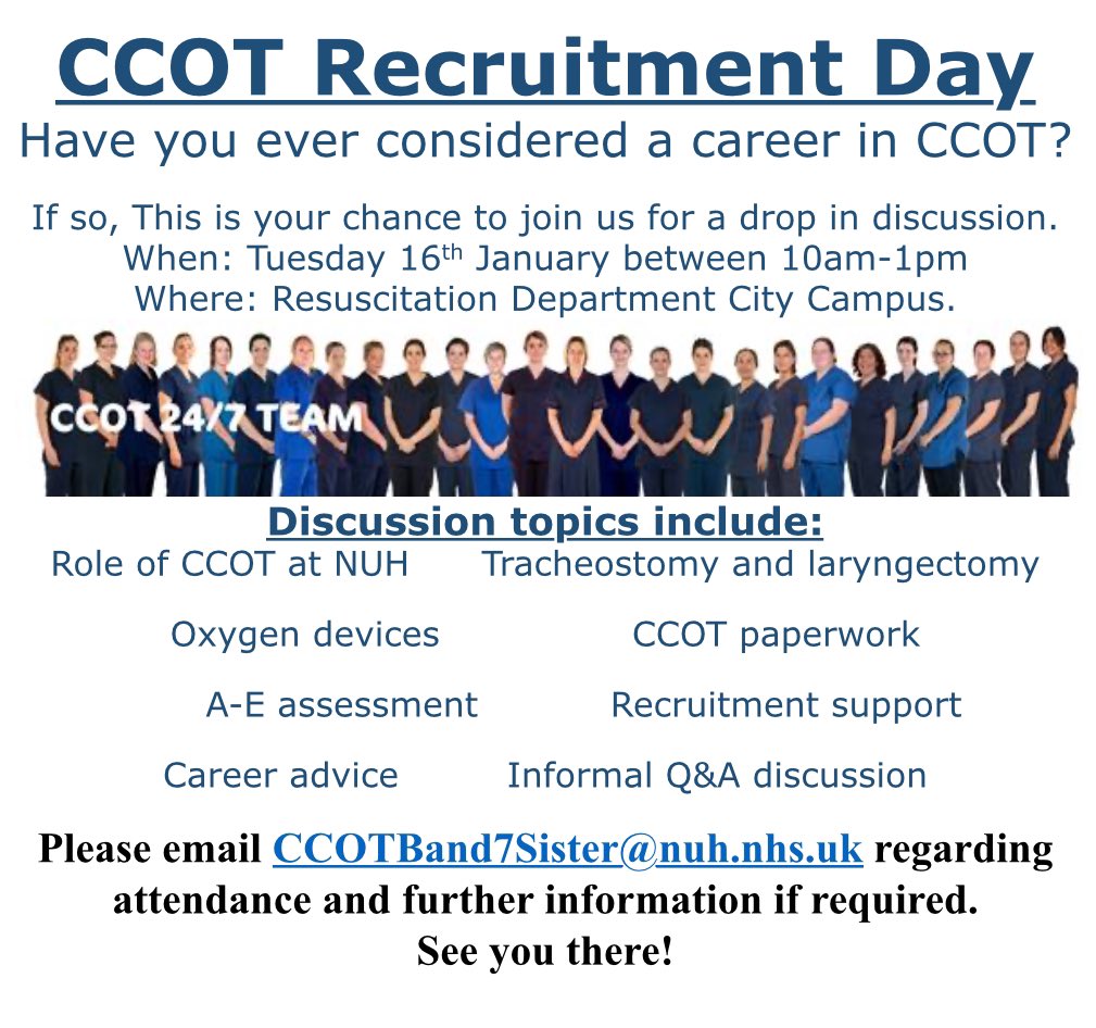 After the huge success of the previous recruitment day, we are holding another one: Join us between 10am - 1pm to to discuss recruitment & all things CCOT related! Please get in touch if you have any questions & confirm your attendance by emailing: CCOTBand7Sister@nuh.nhs.uk