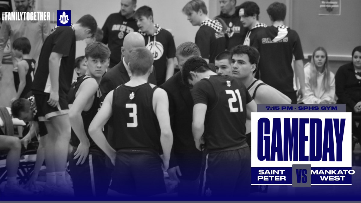CoachKeating's tweet photo. It's another St Peter Saints HOME GAME!  🏀💯 Tonight we host section 2AAA opponent Mankato West.  Games start at 4:30 at the HS.  Varsity at 7:15pm. 5th grade boys play at halftime.  Come support the Saints! #MojoQuest https://t.co/qqlRrOTdA3
