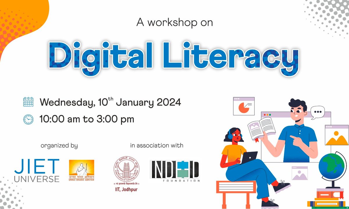 10 Jan 2024

Workshop on Digital literacy for Govt School Students

organised by @INDEED_Fdn in partnership with JIET Jodhpur & IIT Jodhpur
Digital Skills, practical computer, MS Office, Internet, Coding, AI & Robotics.

#digitalskills #digitalliteracy #governmentschools