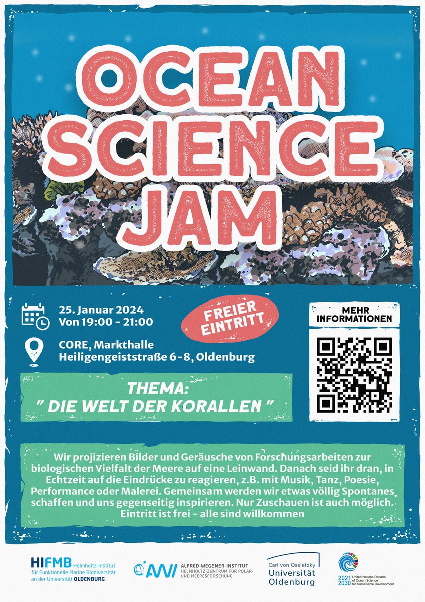 Geraint Rhys (@geraintrhys1) on Twitter photo Happy to share the poster for the next Ocean Science Jam on the 25th of January in Oldenburg!
Once again endorsed by the <a href="/UNOceanDecade/">UN Ocean Decade</a>
<a href="/HIFMB_OL/">HIFMB 🪼 @hifmb.bsky.social</a> <a href="/AWI_Media/">AWI Media</a> <a href="/AWI_de/">AWI Medien</a> <a href="/UNOceanDecade/">UN Ocean Decade</a>
Theme: Coral World
For more info click below 👇👇👇👇🌊🌊🌊🌊🪸🪸🪸🪸
hifmb.de/transfer/art-s… Happy to share the poster for the next Ocean Science Jam on the 25th of January in Oldenburg!
Once again endorsed by the <a href="/UNOceanDecade/">UN Ocean Decade</a>
<a href="/HIFMB_OL/">HIFMB 🪼 @hifmb.bsky.social</a> <a href="/AWI_Media/">AWI Media</a> <a href="/AWI_de/">AWI Medien</a> <a href="/UNOceanDecade/">UN Ocean Decade</a>
Theme: Coral World
For more info click below 👇👇👇👇🌊🌊🌊🌊🪸🪸🪸🪸
hifmb.de/transfer/art-s…