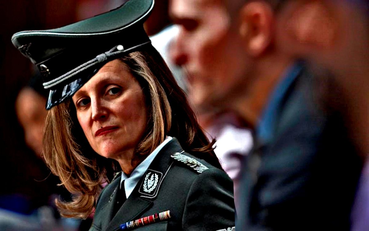 Humanlty1o1's tweet photo. Nobody should be surprised that the woman who smiles as she's freezing people's bank accounts while stomping civilians with horses, has reporters arrested just for asking tough questions.
Chrystia Freeland is a Nazi.
#NaziFreeland https://t.co/dNxIsxMaMR