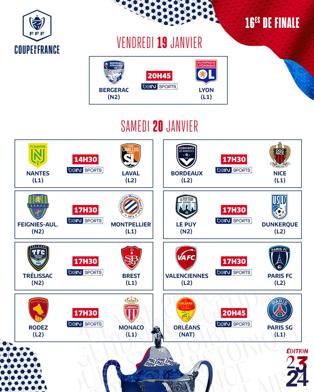 Coupe de France - Le calendrier des 16es de finale, Orléans/PSG le 20  janvier