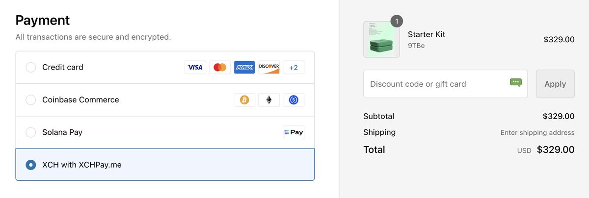 You can now pay for your <a href="/Evergreenminer/">Evergreen🌲🌱</a> with $XCH, powered by <a href="/XCHPay/">XCHPay.me</a>!

Whether you want to get your first starter kit or extend your farm using your farmed $XCH, go ahead!

Try it out on evergreenminer.com 🌱