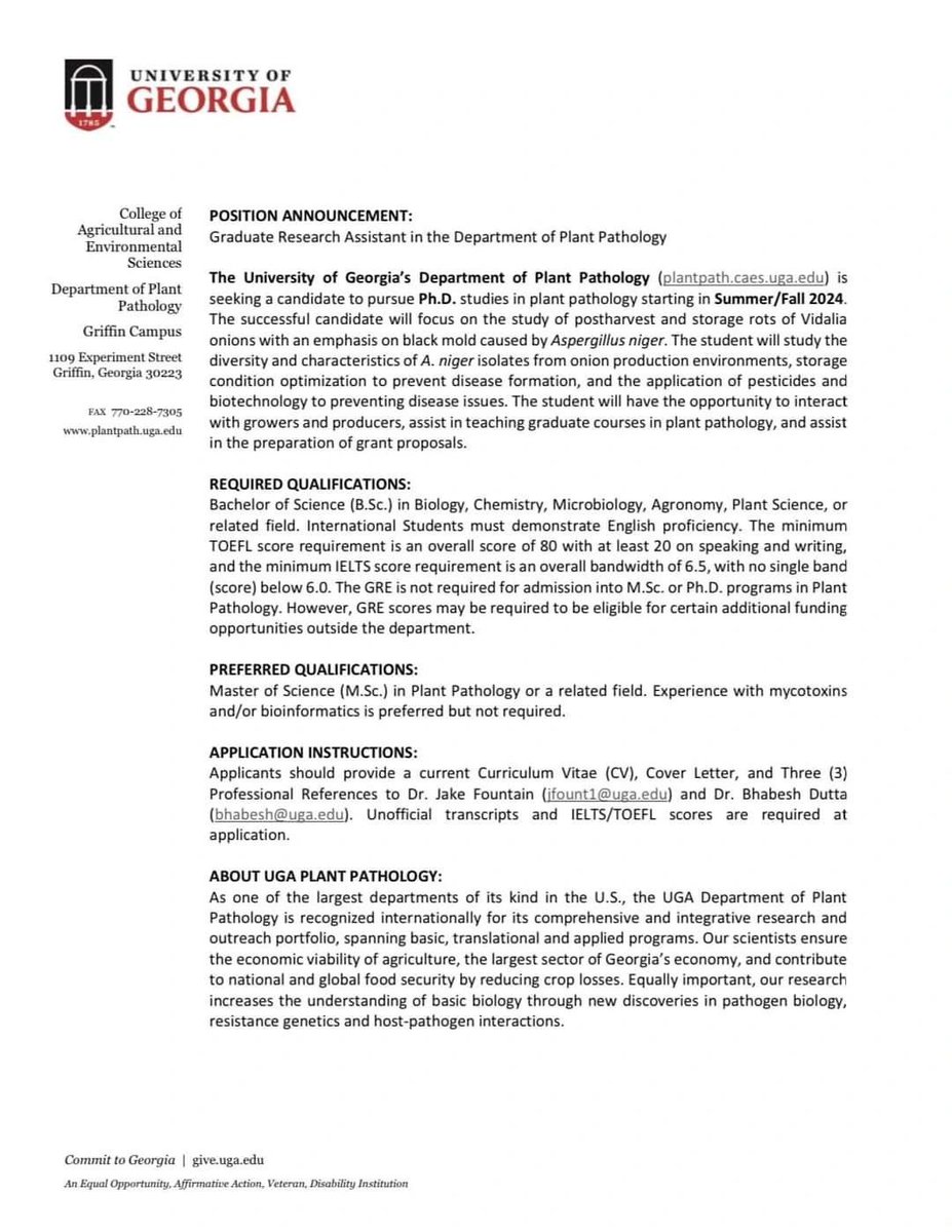"We’re hiring! Looking for a graduate student to pursue PhD studies starting in Summer or Fall 2024 looking into population structure, mycotoxin production, and practical controls of black mold in Vidalia onions. See the attached post for application instructions."