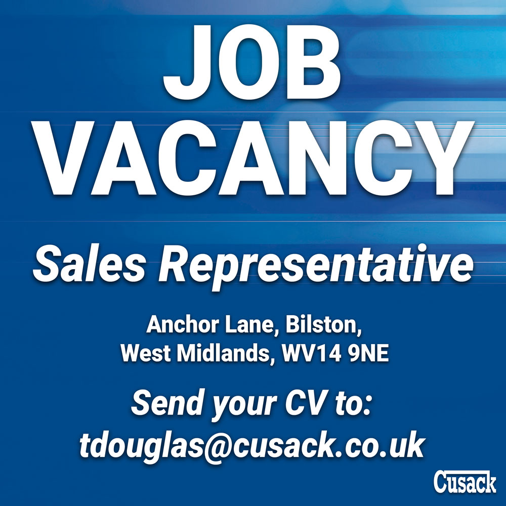 We have a vacancy for a Sales Representative at our Midlands Depot, Bilston. Not office based, and frequent travel required (can live within a 100 miles of the office). Apply with CV to: tdouglas@cusack.co.uk