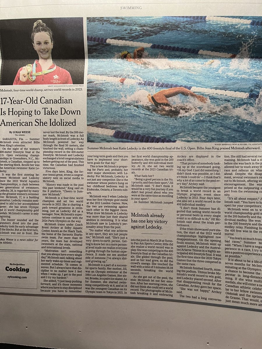 Grateful that my @TheAthletic story on 🇨🇦Summer McIntosh appeared in the print edition of @nytimes. It’s a privilege to tell stories of Olympic athletes. You can read it here: theathletic.com/5160346/2023/1… #Paris2024 | #Olympics