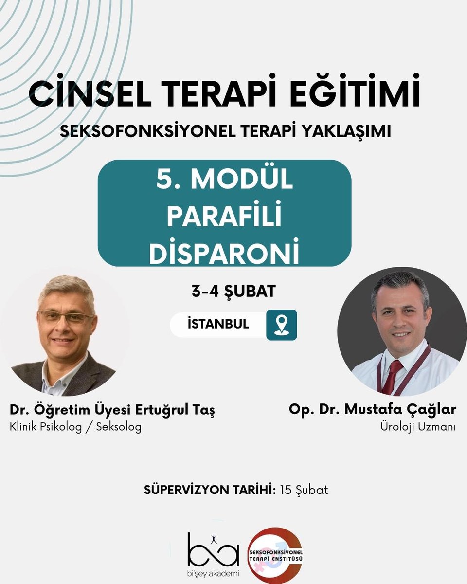 BiseyAkademi's tweet image. Seksofonksiyonel Terapi Yaklaşımı ile Cinsel Terapi Eğitimi Dr. Öğr. Üyesi Ertuğrul Taş ve Op. Dr. Mustafa Çağlar ile 5. Modül olan Parafili / Disparoni 📚

💌 Eğitime katılmak, detaylı bilgi almak ve ücretleri öğrenmek için dm’den mesaj atabilirsiniz🌿

#cinselterapi