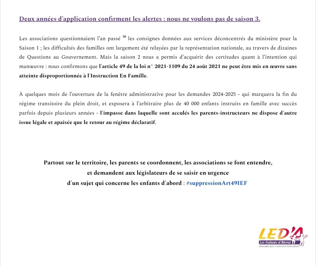 LED_A_'s tweet photo. ⤴️ 8️⃣
Puisque le #remaniement porte @GabrielAttal de @education_gouv vers la charge de toute décision exécutive, nous demandons d'urgence les mesures nécessaires à stoper le #harcèlement administratif envers les parents qui œuvrent à la mise en place d'une #IEF pour leur enfant. https://t.co/hZzZJfGOpo