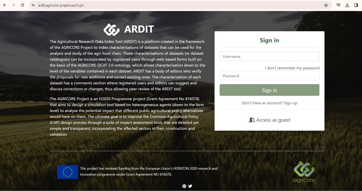 🌾Exciting news! Our Agricultural Research Data Index Tool (#ARDIT) is now fully operational! 🚀Register today to access an open data portal featuring various agricultural data sources. 📊🌱 🔗Register here: ardit.agricore-project.eu/login #AgriResearch #PolicyAssessment #WebApplication