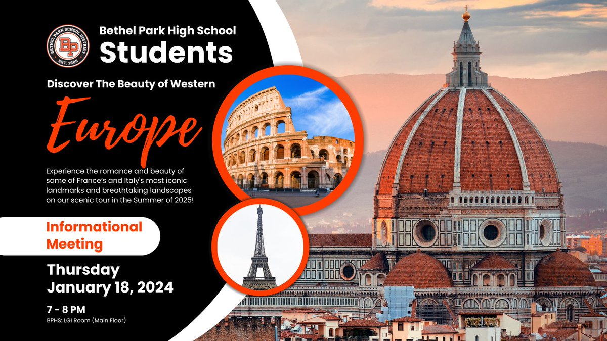 bpsdinfo's tweet photo. BPHS teacher Mrs. Chelsea Casagranda will lead an educational travel experience to Paris, Florence, and Rome in the Summer of 2025.

She will host an informational meeting at 7:00 p.m. on Thursday, Jan. 18 in the LGI. 

Sign up the meeting here:

https://t.co/UI7mvWdEys https://t.co/b7THIMee1F
