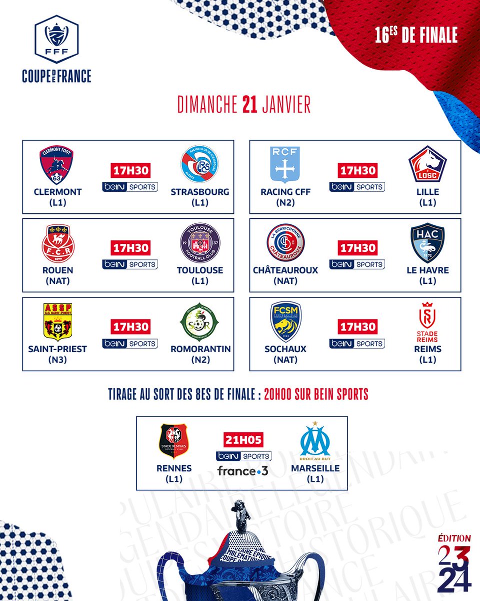 coupedefranceCA's tweet photo. Découvrez la 𝐏𝐑𝐎𝐆𝐑𝐀𝐌𝐌𝐀𝐓𝐈𝐎𝐍 des 𝟏𝟔𝐞𝐬 𝐝𝐞 𝐟𝐢𝐧𝐚𝐥𝐞 de #CoupeDeFrance ⌚️📺

On se donne rendez-vous dès le vendredi 19 janvier, pour un nouveau week-end de folie 🔥🙌 https://t.co/tAm6eixfr8