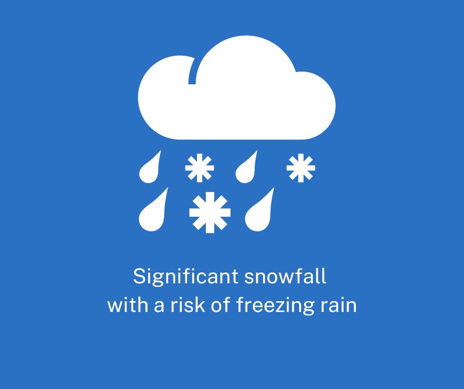 Environment &amp; Climate Change Canada issued a special weather statement: Significant snowfall with a risk of freezing rain possible Tues., 10 to 15 cm of snow. Travel conditions may be hazardous. Please use caution. Full notice here: ow.ly/ez1a50QoWoe
