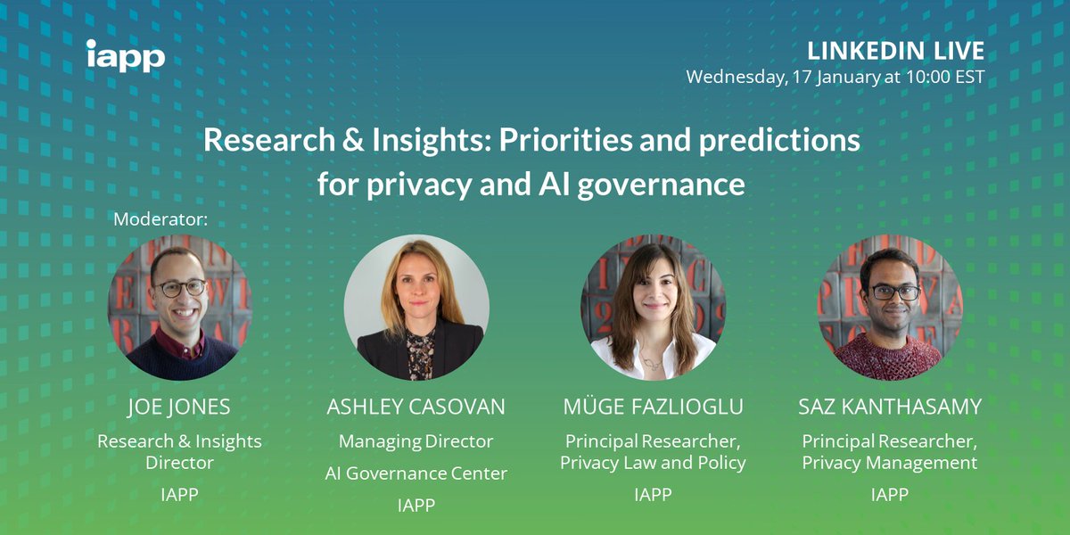the_iapp's tweet photo. We are featuring TWO #LinkedInLive's this month! Next week be sure to catch, "Research &amp; insights: Priorities &amp; predictions for privacy and AI governance." https://t.co/RQPgI53co0 Then on 22 January watch, "Data Privacy Day and 2024 Predictions." https://t.co/lDLmpFNJPn https://t.co/J2CYWrOubo