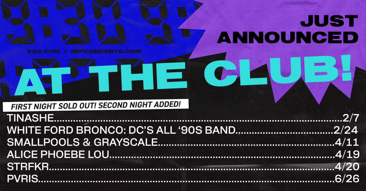 JUST ANNOUNCED: @tinashe, @whitefordbronco, @smallpools & @grayscalepa, @alicephoebelou, @starfucker, & @thisispvris Tickets on sale Friday, January 12th at 1PM at 930.com