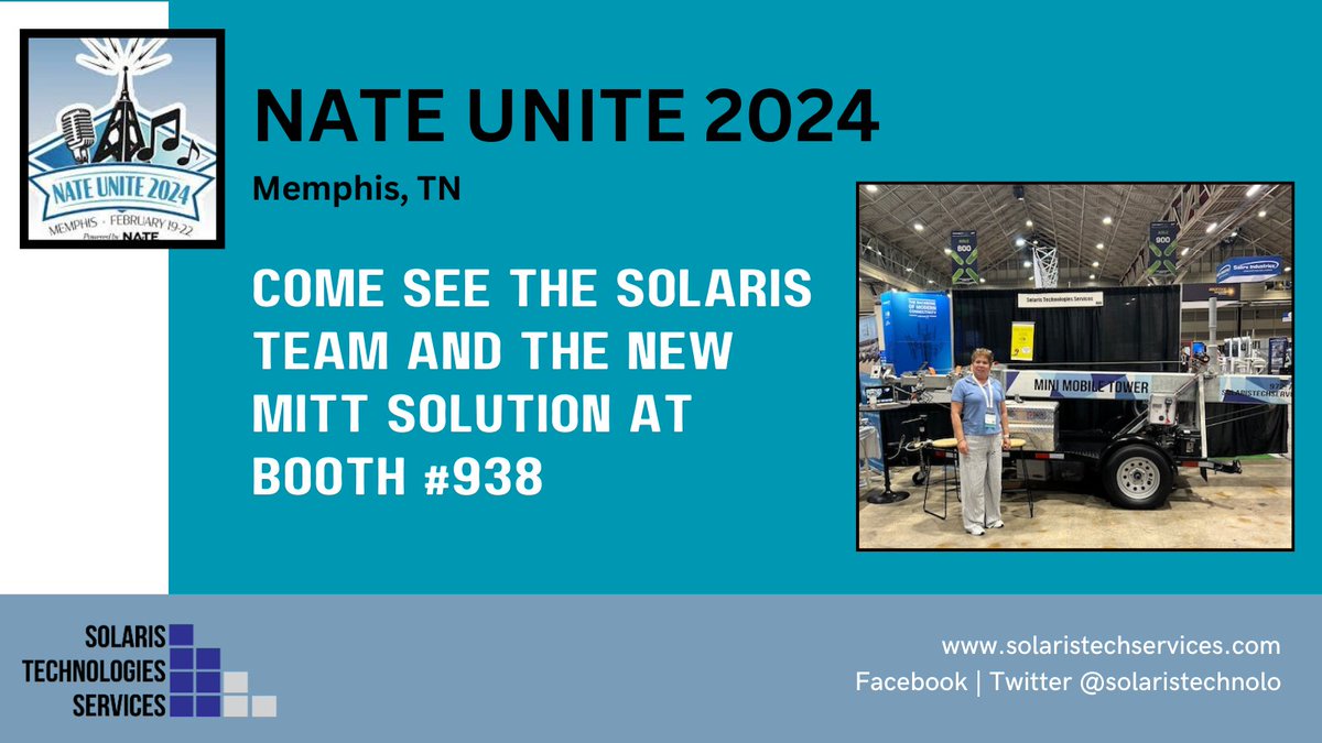 SolarisTechnolo's tweet photo. Are you going to Nate Unite 2024? Stop by booth 938 to see Solaris' new MITT WiFi solution and meet our team. Learn more: https://t.co/Wjny0qv6mw
#mobiletowers #texastough #MITTSolution https://t.co/Mg8WOOOJDV