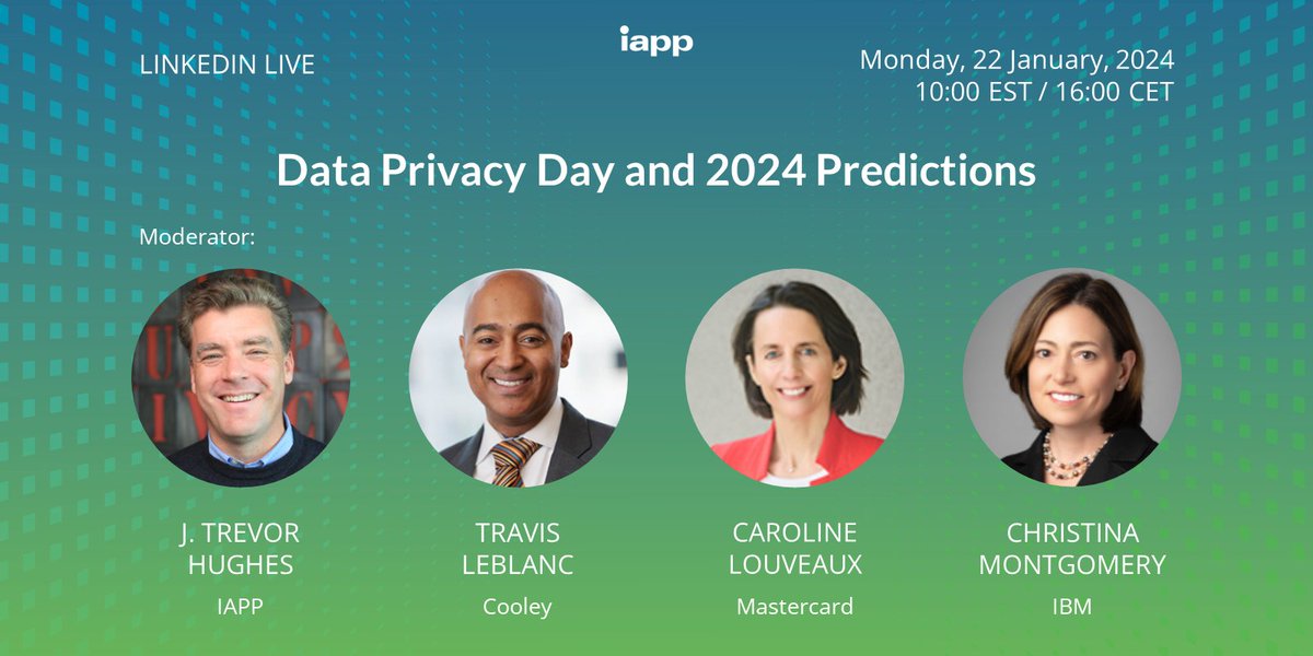 the_iapp's tweet photo. We are featuring TWO #LinkedInLive's this month! Next week be sure to catch, "Research &amp; insights: Priorities &amp; predictions for privacy and AI governance." https://t.co/RQPgI53co0 Then on 22 January watch, "Data Privacy Day and 2024 Predictions." https://t.co/lDLmpFNJPn https://t.co/J2CYWrOubo