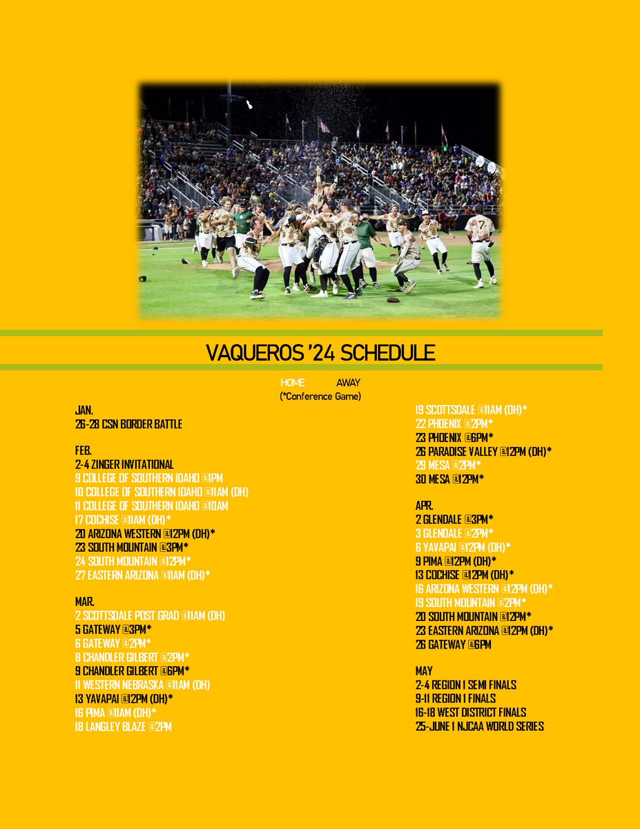 Here is your Vaqueros' 2024 Spring Schedule! 

<a href="/accac_sports/">ACCAC Sports</a> 
<a href="/JUCOWorldSeries/">JUCO World Series⚾️</a> 
@PBR_JUCO 

#DB9ers