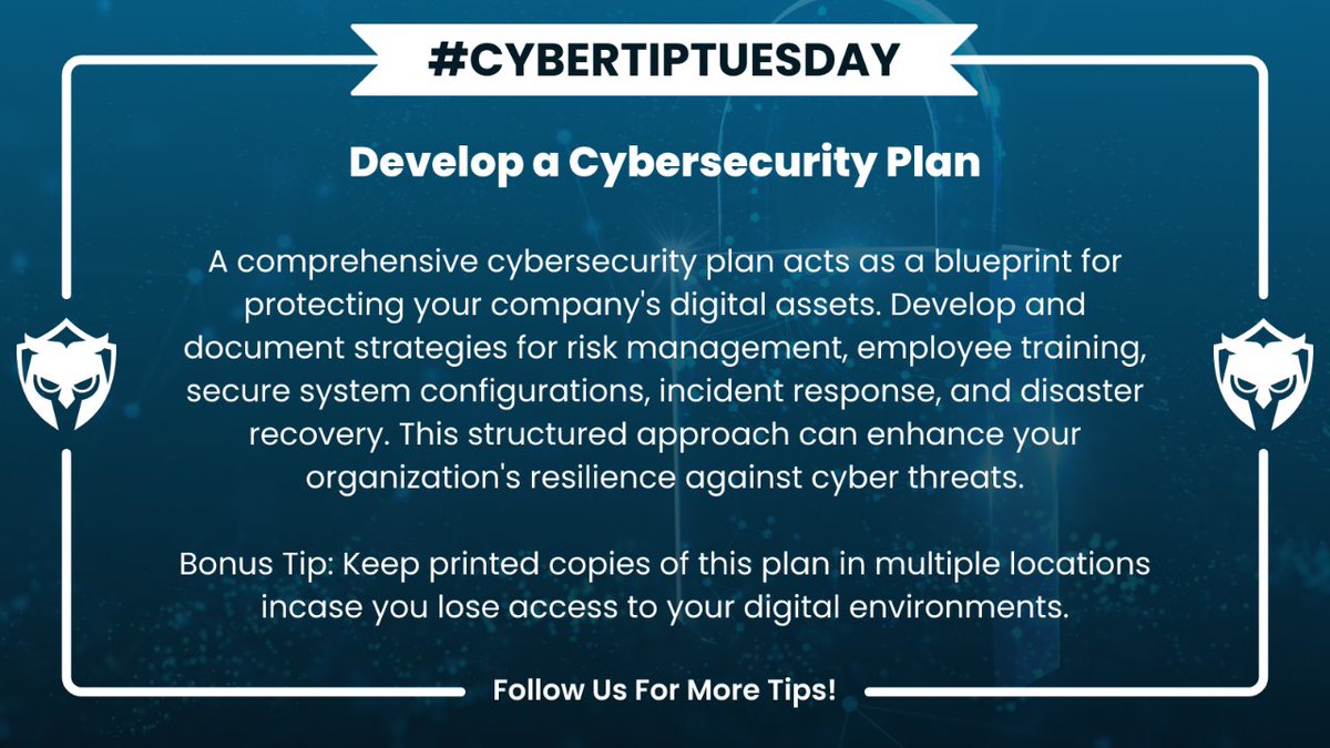 TotalAssure's tweet photo. This Week's Cyber Tip Tuesday: Develop a Cybersecurity Plan

#CyberTipTuesday https://t.co/DgOqlAPbLv