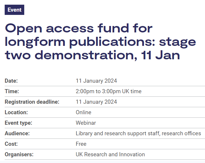 We're holding webinars on 11 and 17 Jan to demonstrate the stage 2 application process for funding to support open access costs for long-form publications. More details on our events page: orlo.uk/6qcEm