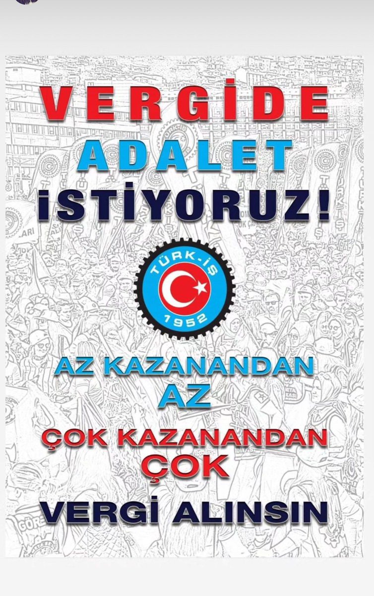 AZ KAZANANDAN AZ, ÇOK KAZANANDAN ÇOK VERGİ ALINSIN!
#vergideadalet!
Türkiye’de TÜRK-İŞ Var...

VERGİDE ADALET İSTİYORUZ!
#vergideadalet!
Türkiye’de #TÜRKİŞ Var...