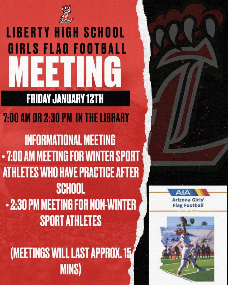 LHSAthletics22's tweet photo. Liberty High School will be starting a girls flag football program this spring. We will hold an information meeting this Friday January 12th in the LHS Library at 7:00 AM and 2:30 PM for all interested athletes. https://t.co/NFpggdgeaA