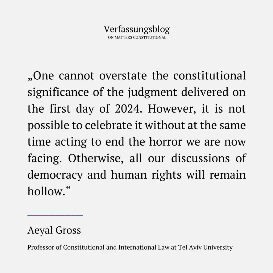 Verfassungsblog (@verfassungsblog) on Twitter photo In a landmark ruling, the Israeli Supreme Court struck down a constitutional amendment barring judicial review based on "reasonableness".
AEYAL GROSS (<a href="/AeyalGross/">Aeyal Gross</a>) on the significance of the ruling and why the danger of democratic backsliding is not over.
verfassungsblog.de/did-the-israel… In a landmark ruling, the Israeli Supreme Court struck down a constitutional amendment barring judicial review based on "reasonableness".
AEYAL GROSS (<a href="/AeyalGross/">Aeyal Gross</a>) on the significance of the ruling and why the danger of democratic backsliding is not over.
verfassungsblog.de/did-the-israel…