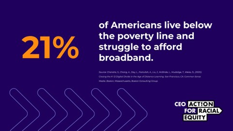 Even when broadband is available, affordability can be a challenge for moderate to low-income Americans, disproportionately affecting Black Americans. Join #CEOAction for Racial Equity to support these communities. Learn more: vimeo.com/673639389