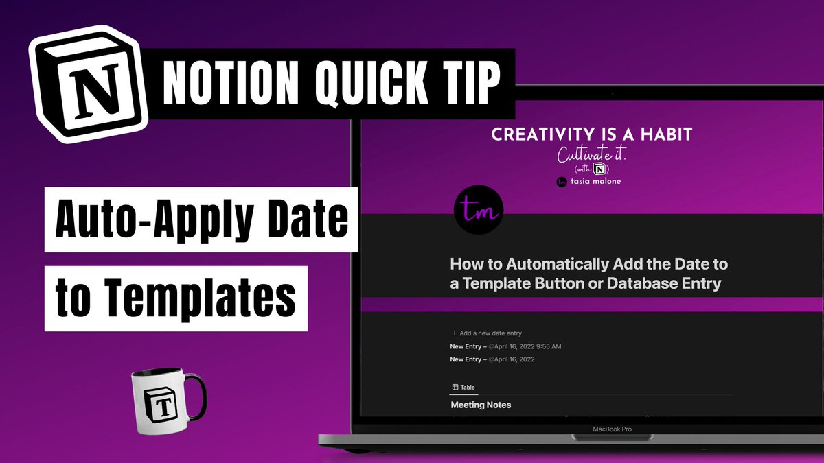 #Notion #QuickTip Tuesday

Learn how to add the date to a template button or database template in <a href="/NotionHQ/">Notion</a> in this tutorial.  

This is a good tip for auto-creating timestamps in Notion! #notiontwt

youtu.be/o-QO5SDK7Ko