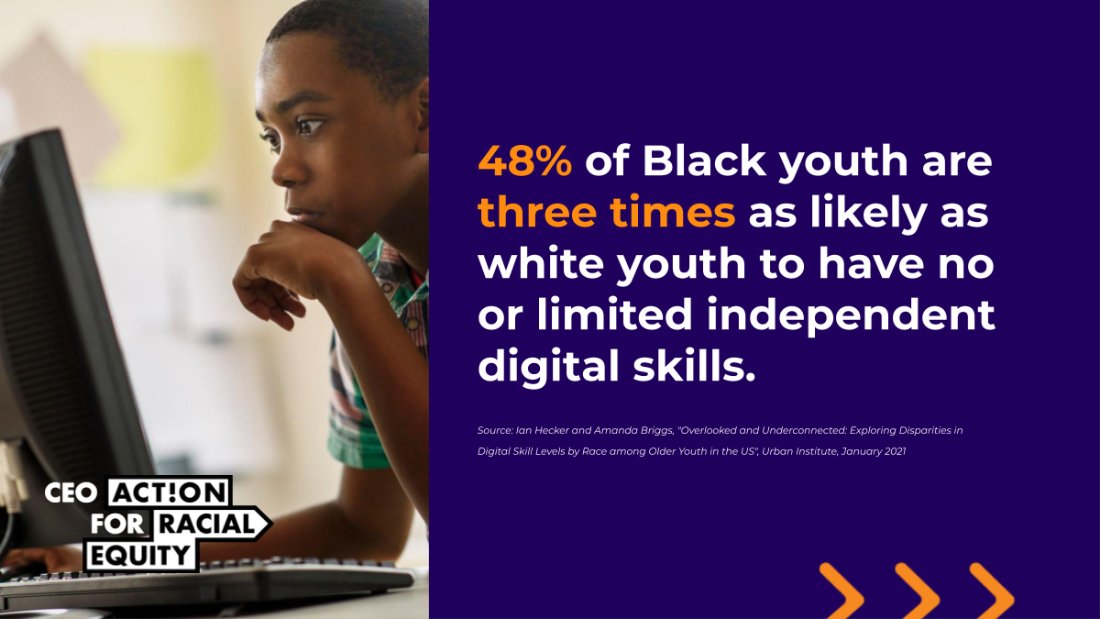 The lack of access to broadband disproportionately affects Black youth. Join #CEOAction for Racial Equity to help find sustainable solutions to reduce the #digitaldivide. Learn more: vimeo.com/673639389