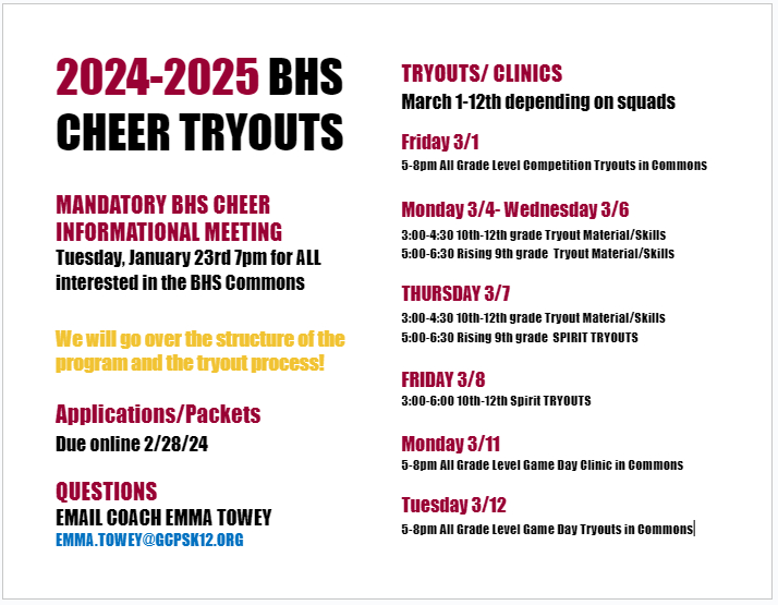 crewsbroncos's tweet photo. 8th Graders: BHS Cheerleading Interest Meeting will be held in the BHS Commons at 7pm on 1/23 for parents of ALL those interested in trying out for the 2024-2025 year! https://t.co/dgdUk6lmu3