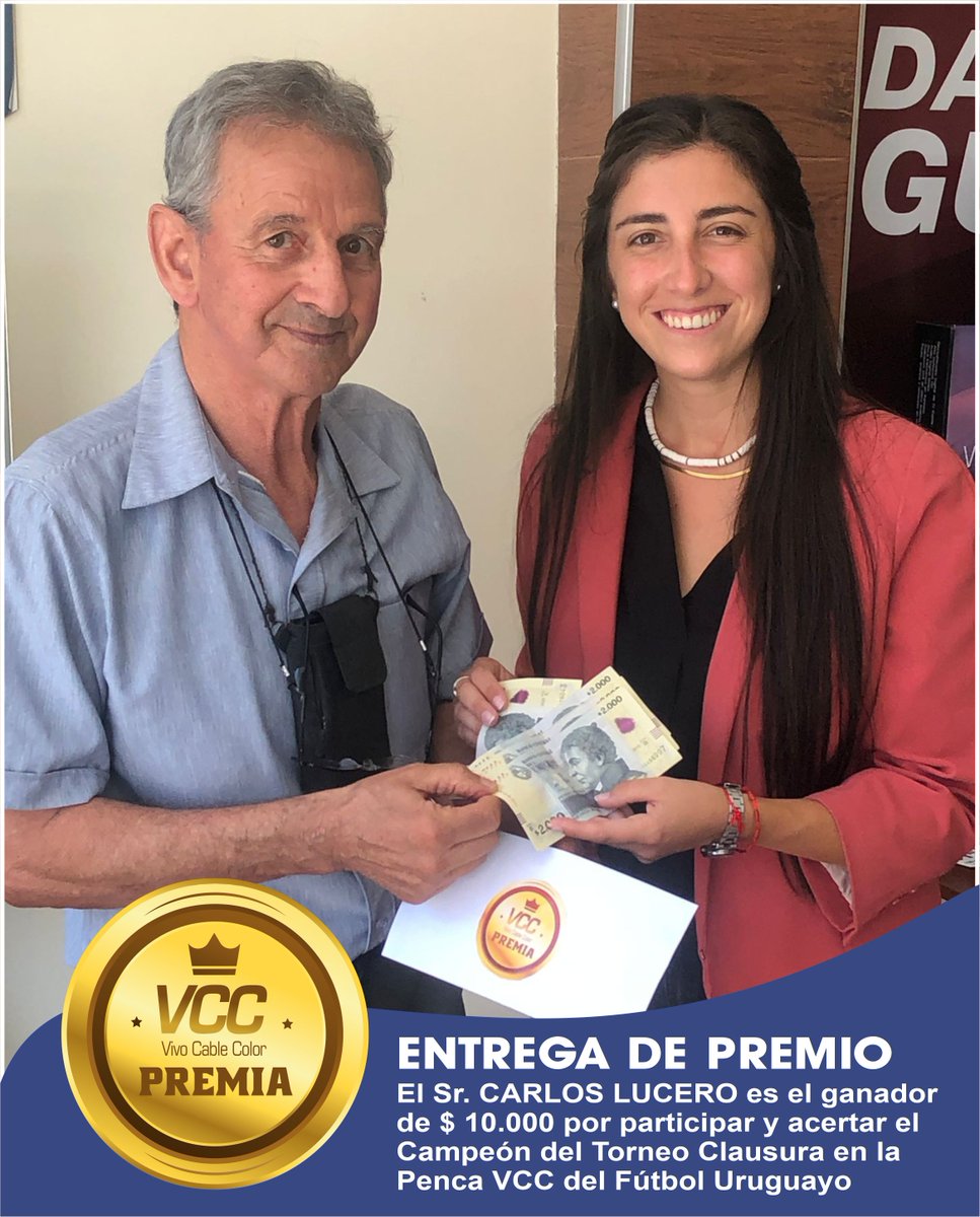 VivoCableColor's tweet photo. Vivo Cable Color realizó la entrega de los $10.000 de premio, por acertar el campeón del Torneo Clausura en la Penca VCC del Fútbol Uruguayo, al señor Carlos Lucero de la ciudad de Minas.
Una vez más decimos que VCC promete y cumple!

Vivo Cable Color   
Siempre pensando en vos https://t.co/o9wb3ISIFp