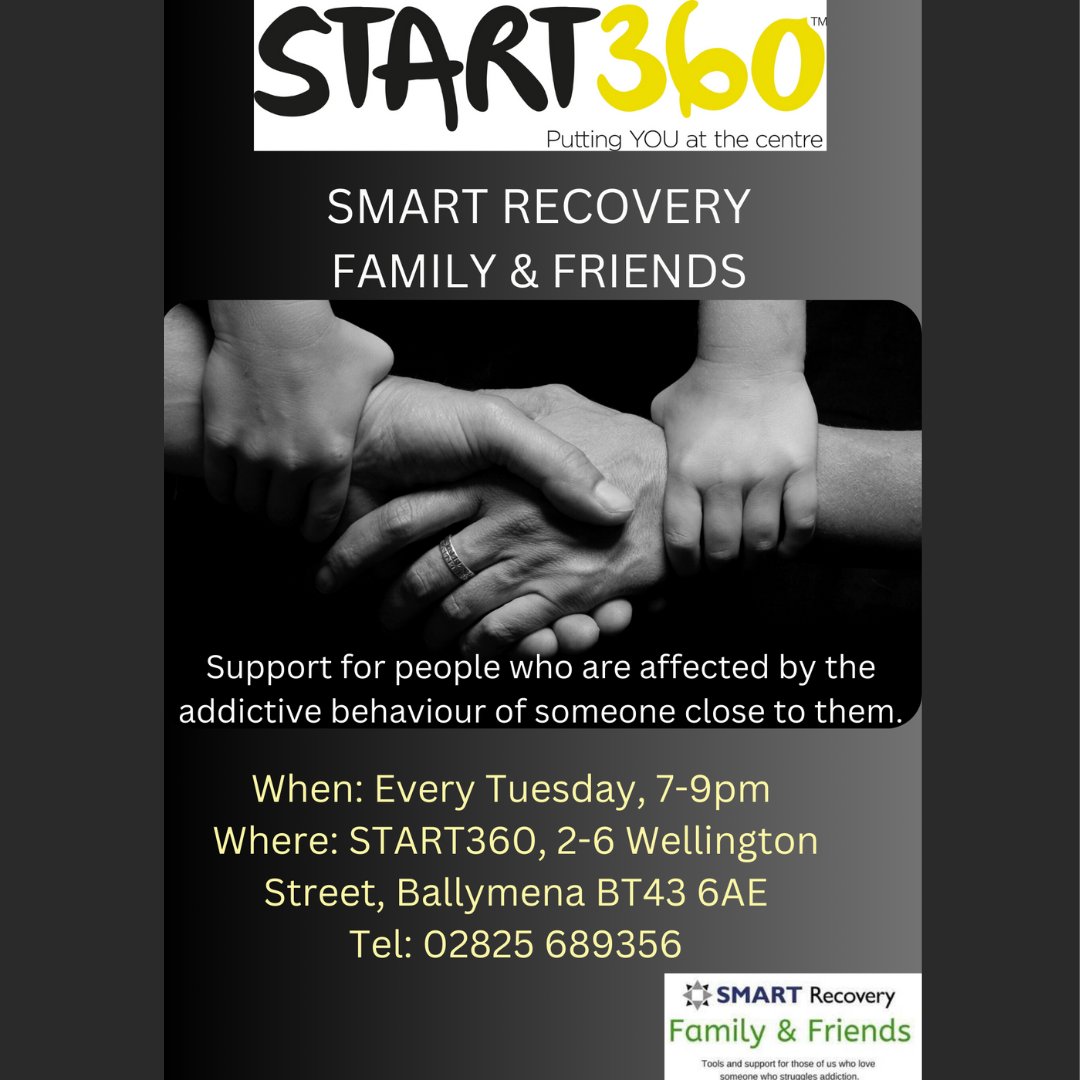 Start360org's tweet photo. Smart Recovery for family & friends of those affected by addictive behaviours (alcohol, drugs, gambling etc) returns this evening and every Tuesday 7-9pm at #Start360 in #Ballymena There is no appointment needed - you can just turn up. https://t.co/qfy5g81mNE