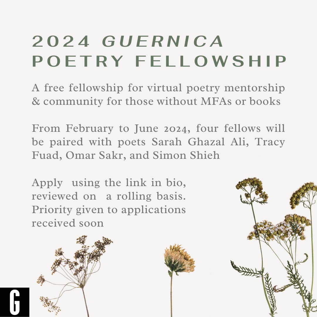 Come work with <a href="/caesarah_/">Sarah</a>; @tracyfuad; <a href="/omarsakrpoet/">Omar Sakr</a>; @shieh_simon through a free mentorship, the Guernica Poetry Fellowship!

Short applications read on a rolling basis here:
guernicamagazine.submittable.com/submit