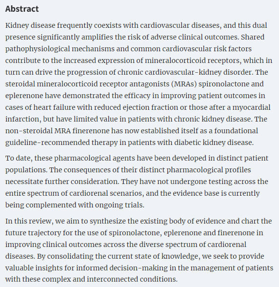 When to use either spironolactone, eplerenone or finerenone in the spectrum of cardiorenal diseases doi.org/10.1093/ndt/gf… The authors seek to provide valuable insights for informed decision-making in the management of patients with these complex and interconnected conditions